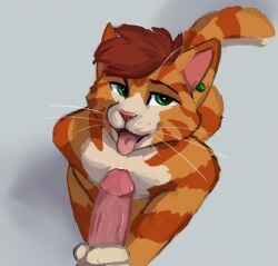 absurd_res anthro digital_media_(artwork) domestic_cat duo ear_piercing erection felid feline felis first_person_view fur genitals hair hand_on_penis handjob hi_res humanoid_genitalia humanoid_penis looking_at_viewer male mammal nude open_mouth penile penis piercing sex simple_background smile tail tazal tazal_(character) tongue tongue_out whiskers
