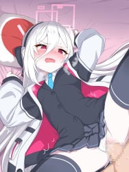 1boy black_shirt black_skirt blue_archive blush censored clothing_aside commentary_request cum cum_in_pussy halo highres kei_(blue_archive) kei_(student)_(blue_archive) mosaic_censoring open_mouth panties panties_aside penis pleated_skirt purple_eyes pussy_juice school_uniform sensei_(blue_archive) sex shirt skirt spread_legs textless_version underwear vaginal watarui white_panties white_shirt