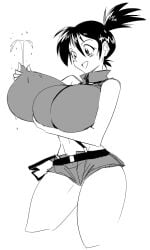 1girl asymmetrical_hair belt breast_lift breasts crop_top cropped_legs denim gigantic_breasts graphiteknight highres huge_breasts kasumi_(pokemon) lactation lactation_through_clothes large_breasts midriff misty_(pokemon) misty_(the_electric_tale_of_pikachu) navel nintendo nipple_stimulation nipple_tweak open_mouth pokemon ponytail projectile_lactation short_hair short_ponytail short_shorts shorts side_ponytail smile solo suspender_shorts suspenders the_electric_tale_of_pikachu thighs
