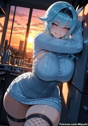 1girl ai_assisted ai_generated bangs blue_hair blush breasts cityscape curvaceous curvy curvy_female curvy_figure dress eula_(genshin_impact) eyebrows_visible_through_hair female fishnet_legwear fishnets genshin_impact grin ground_vehicle gun hair_between_eyes hairband indoors large_breasts looking_at_viewer miyuai multicolored_hair on_side ribbed_sweater short_hair smile solo sunset sweater sweater_dress thick thick_ass thick_butt thick_hips thick_legs thick_thighs thighhighs voluptuous voluptuous_female weapon wide_hips wide_thighs