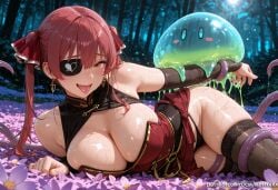 1girl ai_generated bangs bare_shoulders blush breasts cleavage dress earrings eyepatch flower forest hair_ribbon heart hololive houshou_marine jewelry kermixx large_breasts long_hair looking_at_viewer lying nature on_side open_mouth panties red_eyes red_hair red_ribbon restrained ribbon slime smile solo tentacles thighhighs tongue tongue_out twintails underwear virtual_youtuber yellow_eyes
