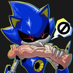 1:1 anthro duo genitals gesture holding_penis knil_(artist) machine male male/male metal_sonic mouthless no_symbol penis raised_finger raised_pinky robot robot_anthro sega sonic_the_hedgehog_(series) vein veiny_penis