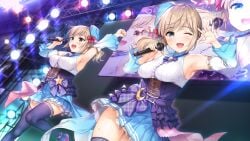 2girls arm_up armpits blue_bow blue_bowtie blue_hat blue_thighhighs blush bow bowtie brown_eyes brown_hair concert dress frilled_dress frills game_cg green_eyes hair_bow hair_ornament hat highres holding holding_microphone idol kamihina_mihoshi kamihina_mizuki layered_dress microphone multiple_girls one_eye_closed open_mouth original red_bow screen seisokei_futago_idol_no_ura_jijou_~ore_dake_ga_shiru_midara_na_futari~ siblings singing sleeveless sleeveless_dress smile stage_lights star_(symbol) sweat thighhighs twins umakuchi_shouyu zettai_ryouiki