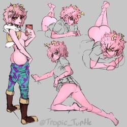 1boy 1girls bottomless covered_nipples fellatio mina_ashido mina_ashido_(hero_outfit) multiple_poses my_hero_academia prone selfie showing_ass showing_breasts sketch tropic_turtle