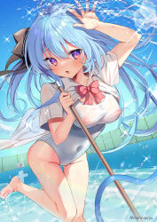 1girl arm_up bare_legs barefoot blue_hair blue_sky blush bow breasts casual_one-piece_swimsuit chain-link_fence cleavage cloud collared_shirt covered_navel covered_nipples day dress_shirt fence groin hair_between_eyes highres long_hair looking_at_viewer medium_breasts natsuki_marina one-piece_swimsuit open_clothes open_shirt original outdoors parted_lips purple_eyes red_bow shirt short_sleeves signature sky smile solo splashing standing standing_on_one_leg swimsuit swimsuit_under_clothes very_long_hair water white_one-piece_swimsuit white_shirt