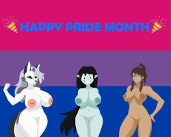 3girls adventure_time areolae arms_behind_back big_ass big_breasts big_butt big_thighs bisexual bisexual_female black_hair blue_eyes brown_hair brown_skin color colored flexing_arms furry hand_on_hip helluva_boss korra lgbt_pride lgbt_pride_month long long_hair looking_at_viewer loona_(helluva_boss) marceline marceline_abadeer marceline_the_vampire_queen nipple_piercing nipples nude nude_female pircing ponytail pride_month pussy silver_hair smile smile_at_viewer smiley_face standing text the_legend_of_korra