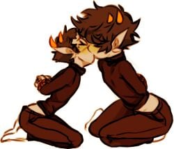 ancestor_and_descendant clothed dancestor gummypron hair_covering_eyes hands_tied hands_tied_behind_back homestuck kissing kneeling mituna_captor sollux_captor