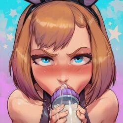 1boy ahegao ai_generated animal_ears baby_bottle big_lips blue_eyes blush brown_hair bustybunz cat_ears commentary_request cum cum_drip cum_in_mouth cum_on_face cum_on_lips cum_on_tongue curvy drinking excessive_cum femboy gokkun lips lipstick looking_at_viewer male_focus nude solo tagme thick_cum tongue_out trap upper_body wide_hips