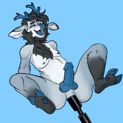 1:1 anal anal_penetration anthro antlers black_hair blue_background blue_nipples blue_nose blue_tongue bodily_fluids deer digital_drawing_(artwork) digital_media_(artwork) dildo dildo_in_ass dildo_insertion dipstick_ears ear_markings english_description erection fucking_machine fur grey_body grey_fur hair hi_res horn leg_markings legs_up long_hair looking_pleasured machine male mammal markings mephistofleas multicolored_ears nipples object_in_ass open_mouth penetration purple_eyes sex_toy sex_toy_in_ass sex_toy_insertion simple_background socks_(marking) solo spread_legs spreading sweat tongue white_body white_fur