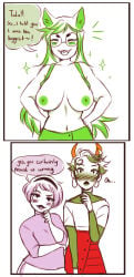 3girls blush blush_lines blushing boobs boobs_out fangs gummypron homestuck jade_harley kanaya_maryam kemonomimi lesbian_couple partially_clothed rose_lalonde yuro