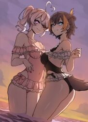 2girls ahoge animal_tail ass bare_legs bare_shoulders bare_thighs black_hair blue_eyes butt daydarion dayyo_(daydarion/day-chan) duo duo_female duo_focus exposed_shoulders eye_patch eyepatch heart_ahoge hi_res highres looking_at_viewer maria_marionette nijisanji nijisanji_en penguin_girl penguin_tail petra_gurin pink_eyes pink_hair purple_hair round_butt side_ponytail small_breasts submerged_legs swimsuit swimwear tail thighs two-tone_hair virtual_youtuber water yellow_hair