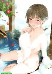 1girl absurdres bathing blush breasts brown_hair cleavage covered_navel covered_nipples covering_privates flower highres large_breasts looking_at_viewer melonbooks nude nude_cover onsen parted_lips purple_eyes see-through_silhouette short_hair single_sidelock sitting smile snow snowman soaking_feet solo steam towel umakuchi_shouyu wet yokozuwari