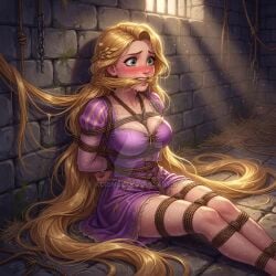ai_generated arms_tied_behind_back blonde_hair blush bondage bound_legs disney gag gagged green_eyes hair_gag hair_in_mouth rapunzel_(tangled) sitting_on_ground tangled