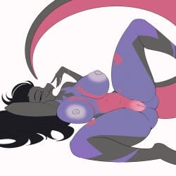 1:1 2026 anthro areola belly belly_markings black_body black_hair black_tail crystalina fan_character female generation_7_pokemon genitals hair hi_res jagged_mouth leg_markings long_hair lying markings nintendo nipples on_back pink_markings pink_tail pokemon pokemon_(species) purple_eyes purple_markings purple_sclera salazzle salem_(ballad) simple_background solo spread_legs spreading tail vulva white_areola white_background white_nipples