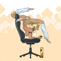 ankle_warmers arm_strap bell blonde_hair blushing breasts censored collar controller flexible futanari gaming_chair hairband huge_penis joystick light_hair office_chair potato_chips qr_code simple_background tailbox watermark