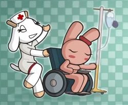anthro bunny bunny_maloney candy_bunny charlotte_(bunny_maloney) checkered_background closed_eyes closed_eyes_smile female goat hooves horns iv_bag iv_line nurse nurse_cap nurse_costume nurse_hat nurse_outfit rabbit sfw simple_face smile stubby_arms tail wheelchair