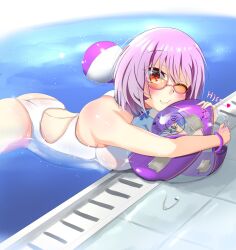 akate ass ball_(object) beach_ball bracelet breasts burst bursting busty deflating deflation glasses hairpin hissing hole holes inflatable insertion large_breasts looking_at_viewer one-piece_swimsuit pink_hair pool pool_toy popped_ball popped_beach_ball popping red_eyes shinjou_akane shiny_skin smile smiling_at_viewer squished_cheeks ssss.gridman water wet white_swimsuit winking winking_at_viewer