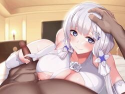 1boy 1girls animated azur_lane big_areola big_breasts blue_eyes breasts clothed_female_nude_male dark-skinned_male dark_skin fat_ass female fingerless_gloves gif gloved_handjob head_pat highres illustrious_(azur_lane) large_areolae large_breasts light-skinned_female light_skin male nippleless_bra pov rinhee uncensored white_gloves white_hair