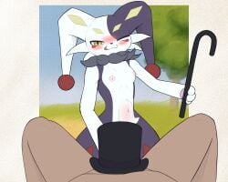 abdominal_bulge absurd_res anthro breasts clothing digital_media_(artwork) duo dupin_(pal) female first_person_view genitals hat hat_on_penis headgear headwear hi_res human humanoid interspecies jester lagomorph leporid looking_at_viewer male male/female male_pov mammal nipples pal_(species) palmorph palworld pocketpair rabbit redeye small_breasts smile smug_face standing walking_stick wide_hips yellow_eyes