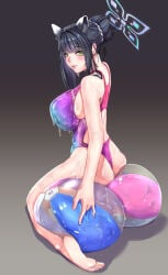akate ass ass_focus ball_(object) beach_ball big_butt black_hair blue_archive breasts bubble_butt busty compressed feet green_hair halo inflatable large_breasts looking_at_viewer multicolored_swimsuit oiled oiled_body oiled_up on_ball pool_toy popping shun_(blue_archive) sit_to_pop sitting sitting_on_ball sitting_on_beach_ball skindentation soles squish squishing summer teasing teasing_viewer tongue_out