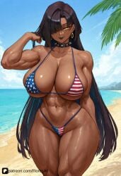 1girls ai_generated big_ass big_breasts bikini dark_skin flag_bikini floresai hair_over_one_eye huge_ass huge_breasts looking_at_viewer mature_female muscular_female narrow_waist oc patreon patreon_logo patreon_username teasing thick_thighs tummy voluptuous_female wide_hips