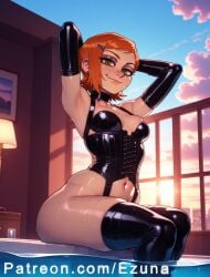 ai_generated ben_10 big_ass big_butt big_thighs blush ezuna female female_only green_eyes gwen_tennyson huge_ass huge_butt huge_thighs latex latex_clothing latex_gloves medium_breasts orange_hair small_breasts wanuze wide_hips