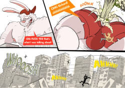 2024 3_panel_comic absurd_res areola arm_hair backwards_cap backwards_hat big_muscles big_pecs body_hair bottomwear boxers_(clothing) boxers_down briefs briefs_down building canid canine chest_hair city city_destruction clothing comic destruction dialogue dudenahuel english_text falling fart fart_cloud fart_fetish farting_male five_o'clock_shadow fur grey_bottomwear grey_clothing grey_pants grey_sweatpants hairy_pecs hairy_shoulders hat headgear headwear hi_res lagomorph leporid male_farting mammal maned_wolf multiple_scenes muscular nahuel_(dudenahuel) nipples pants pecs pink_areola pink_inner_ear pink_nipples profanity property_damage rabbit red_boxers red_briefs red_clothing red_hat red_headwear red_underwear relieved richard_(dudenahuel) speech_box sweatpants text underwear white_body white_fur yellow_body yellow_fur