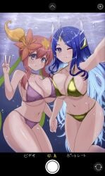 2girls asymmetrical_docking bikini blush breast_to_breast camera camera_pov duel_masters gold_bikini holding_breath huge_breasts iphone looking_at_viewer multiple_girls pov purple_bikini rafululu_love,_acoustic_dragon_elemental thighs underwater v