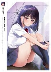 1girl absurdres ass bare_shoulders black_hair blush bow breasts brown_shoes closed_mouth crossed_legs fingernails highres holding knees_up lips loafers long_hair looking_at_viewer medium_breasts melonbooks original parted_lips pleated_skirt purple_eyes shiny_skin shoes simple_background sitting skirt socks solo thighs umakuchi_shouyu umbrella water water_drop