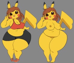 1girl anthro_female athletic_wear barefoot big_belly bob_cut brown_eyes brown_hair chubby_anthro chubby_female digital_drawing_(artwork) fat female female_focus female_only furry furry_female game_freak gray_background leafy_feathers navel nintendo nipples nude nude_anthro nude_female original_character overweight overweight_female pikachu pokemon pokemon_(species) pokemorph pussy shortstack thick_thighs wide_hips yellow_body