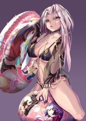 1girl akate ball_(object) beach_ball bikini black_bikini black_nails breasts busty carmilla_(fate) chains deflating deflation fate_(series) female female_only gold_chains inflatable insertion large_breasts long_hair looking_at_viewer mature_female mean milf on_ball open_mouth pool_ring pool_toy popped_ball popped_beach_ball popping riding sit_to_pop sitting sitting_on_ball sitting_on_beach_ball thick_thighs thighs white_hair yellow_hair