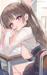 1girl bag blue_skirt blush bow breasts brown_hair chair closed_mouth day desk flashing hair_bow hand_up holding holding_pen indoors large_breasts long_hair long_sleeves looking_at_viewer looking_back melonbooks natsuki_marina nipples on_chair one_breast_out one_side_up oppai_challenge original pen pleated_skirt public_indecency school_bag school_chair school_desk school_uniform shirt skirt sleeves_past_wrists smile solo tongue tongue_out very_long_hair white_bow white_shirt window