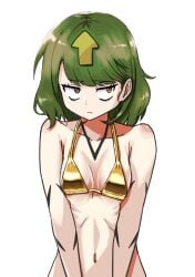 1girls bikini bikini_top cleavage delilah_(guilty_gear) female female_only frown gold_bikini golden_bikini golden_week green_hair guilty_gear guilty_gear_strive looking_away markings petite solo stomach swimwear tagme