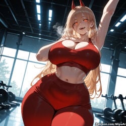 1girl :d ai_assisted ai_generated armpits blonde_hair blush bra breasts breath chainsaw_man cleavage curvaceous curvy curvy_female curvy_figure eyebrows_visible_through_hair female hair_between_eyes long_hair looking_at_viewer miyuai navel open_mouth power_(chainsaw_man) red_eyes shorts smile solo sports_bra sweat teeth thick thick_ass thick_butt thick_hips thick_legs thick_thighs voluptuous voluptuous_female wide_hips wide_thighs window