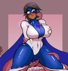 1girl 1girls ambiguous_consent ambiguous_species arms_behind_back big_breasts black_hair blue_eyes blush blushing breasts cape cyberfunk5 dark-skinned_female dark_skin gradient_background heroine_in_trouble imminent_tentacle_sex mask masked masked_female non_human oc original original_character part_of_a_set peril seaworthy short_hair solo_female superhero superhero_costume superheroine superheroine_costume superheroine_in_trouble tentacle_monster tentacle_on_female tentacles tentacles_around_arms tentacles_around_breasts tentacles_around_legs tentacles_under_clothes woman