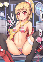 bikini blonde_hair emilia_percival erect_nipples headphones headphones_removed huge_eyes long_hair necktie phantasy_star phantasy_star_portable_2 picolumi pointy_chin ponytail red_eyes short_hair single_shoe solo spread_legs striped striped_bikini striped_swimsuit swimsuit thighhighs tied_hair