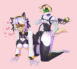 1boy 1boy1girl 1girls blushing boobs breasts cosplay green_eyes hornstarkitty intercourse male/female murder_drones penetration pink_background robot_sex sex straight_sex tail thad_(murder_drones) tounge_out v_(murder_drones) yellow_eyes