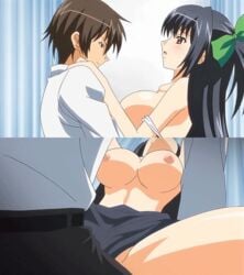 1boy 1girls animated blush bouncing_breasts breasts cowgirl_position floating_material head_back hospital_bed kirisaki_ibu large_breasts privacy_curtain sex split_screen swimsuit