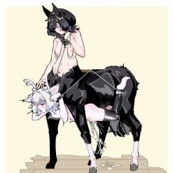 2girls absurdres animal_ears animal_penis asphyxiation belly_riding centaur deep_penetration futa_with_female futanari highres horse horse_penis leash leash_pull meat_armor monster_girl multiple_girls nipple_piercing original penis piercing restrained short_hair taur thighhighs tomato_carbonyl