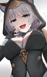 1girls 2025 2d 2d_(artwork) animal_ears big_breasts blue_eyes blush blushing_at_viewer boobs breasts cat_ears cipher_(honkai:_star_rail) clothed clothing color colored digital_media_(artwork) eyes female female_only grey_hair hair hi_res honkai:_star_rail honkai_(series) hoyoverse looking_at_viewer low-angle_view mihoyo mouth_open namikare open_mouth simple_background smile smile_at_viewer solo sweat sweatdrop tits upper_body video_game_character video_games viewed_from_below white_background