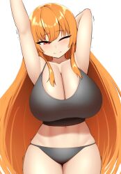 big_breasts black_bra breast_focus long_hair nobunagapero one_eye_closed orange_eyes orange_hair peronattu plump_thighs stretching