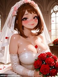 1girl ai_generated arlequin097 bare_shoulders blush bouquet breasts bridal_veil bride brown_eyes brown_hair church cleavage closed_mouth collarbone detached_sleeves dress falling_petals flower hair_flower hair_ornament holding holding_bouquet indoors jewelry large_breasts lips looking_at_viewer my_hero_academia ochako_uraraka ornate_ring patreon_username petals red_flower red_rose ring rose rose_petals shiny_skin short_hair smile solo strapless strapless_dress upper_body uraraka_ochako veil wedding wedding_dress wedding_ring white_dress white_sleeves window