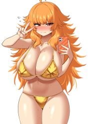 big_breasts blush golden_bikini golden_panties long_hair messy_hair nobunagapero orange_eyes orange_hair peace_sign peronattu plump_thighs selfie worried