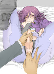 anal anal_fingering anal_hair artist_request gay glasses gundam gundam_00 handjob highres male male_only penis pubic_hair purple_hair red_eyes tieria_erde uncensored yaoi