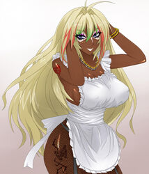 apron bare_shoulders blonde_hair breasts cleavage dark-skinned_female dark_skin female female_only fishnet ganguro gyaru huge_breasts human jewelry large_breasts long_hair maid makeup naked_apron necklace otogi_tetsurou sekirei smile solo tattoo tsukiumi very_long_hair