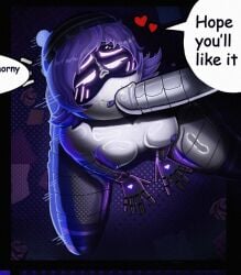 1boy 1boy1girl 1girls beanie beanie_hat blushing boobs breasts breasts_out cock glitch_productions kama1678 murder_drones n_(murder_drones) penis purple_hair smiling smiling_at_partner speech_bubbles straight uzi_(murder_drones)