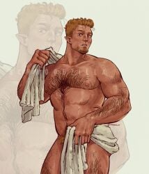 1boy alistair_theirin arm_hair chest_hair dragon_age dragon_age_origins gay hairy hairy_arms hairy_chest hairy_male male male_only pubic_hair pubic_hair_peek solo solo_focus solo_male tagme tagme_(artist) towel towel_covering_crotch towel_only