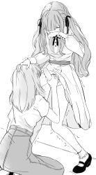 2girls absurdres bang_dream! bang_dream!_it's_mygo!!!!! closed_eyes clothes_lift commentary fellatio futa_with_female futanari greyscale highres licking licking_penis long_hair long_sleeves medium_hair medium_skirt miomujica misumi_uika monochrome multiple_girls oral penis simple_background skirt skirt_lift togawa_sakiko trembling two_side_up white_background