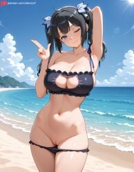 1girl 1girls 2026 ai_generated arm_behind_head armpits bare_shoulders beach big_breasts bikini bikini_down bikini_pull black_bikini black_hair blue_eyes breasts cat_bikini cat_cutout cleavage cleavage_cutout closed_mouth collarbone cowboy_shot day dungeon_ni_deai_wo_motomeru_no_wa_machigatteiru_darou_ka edosynf female female_only finger_gun frilled_bikini hair_ornament hestia_(danmachi) highres huge_breasts large_breasts legs_together light long_twintails looking_at_viewer medium_hair navel ocean one_eye_closed outdoors pussy sand sea self_upload sexually_suggestive shiny shiny_hair shiny_skin sideboob sidelocks smile smirk solo solo_focus standing stomach sunlight thighs twintails uncensored vagina water wink