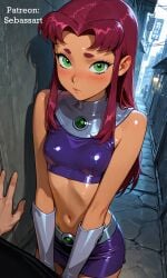 ai_generated blush brown_body crop_top embarrassed exposed_torso fit green_eyes looking_at_viewer paid_reward_available patreon petite petite_body red_hair sebassart shy skirt slim_waist solo starfire starfire_(teen_titans) superheroine sweat teen_titans thin_waist tight_clothing